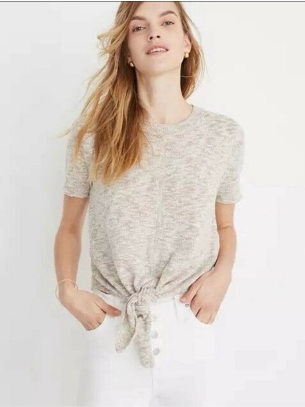Madewell Heathered Oatmeal Tie Knot-Front Short Sleeve Tee - S